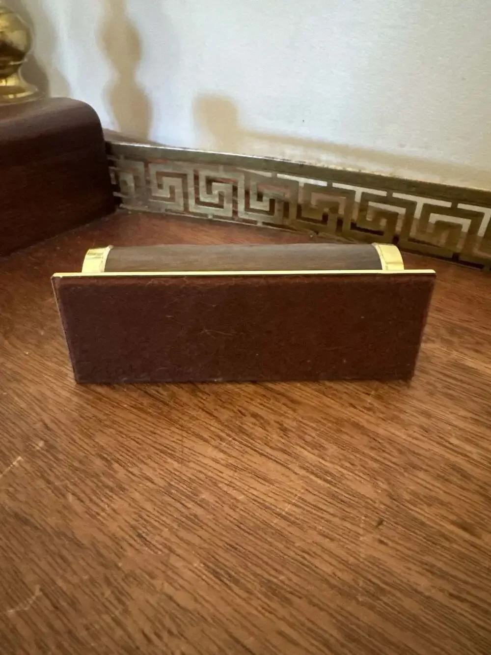 Vintage Mid Century Brass and Faux Wood Cylindrical Perpetual Desk Calendar
